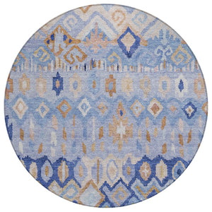 HomeRoots 8' Blue and Taupe Round Geometric Washable Rug - Stylish, Durable & Perfect for Indoor/Outdoor Spaces! 658443