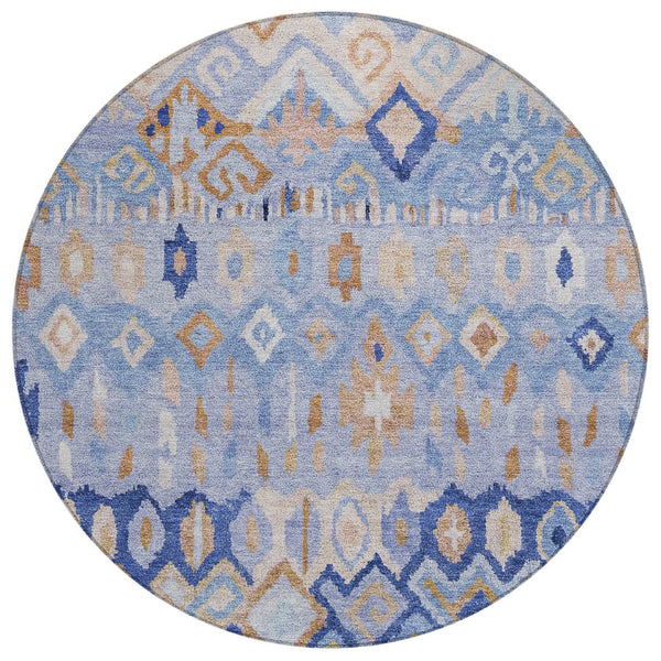 HomeRoots 8' Blue and Taupe Round Geometric Washable Rug - Stylish, Durable & Perfect for Indoor/Outdoor Spaces! 658443