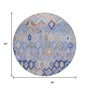 HomeRoots 8' Blue and Taupe Round Geometric Washable Rug - Stylish, Durable & Perfect for Indoor/Outdoor Spaces! 658443