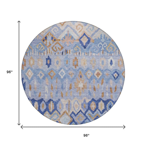 HomeRoots 8' Blue and Taupe Round Geometric Washable Rug - Stylish, Durable & Perfect for Indoor/Outdoor Spaces! 658443