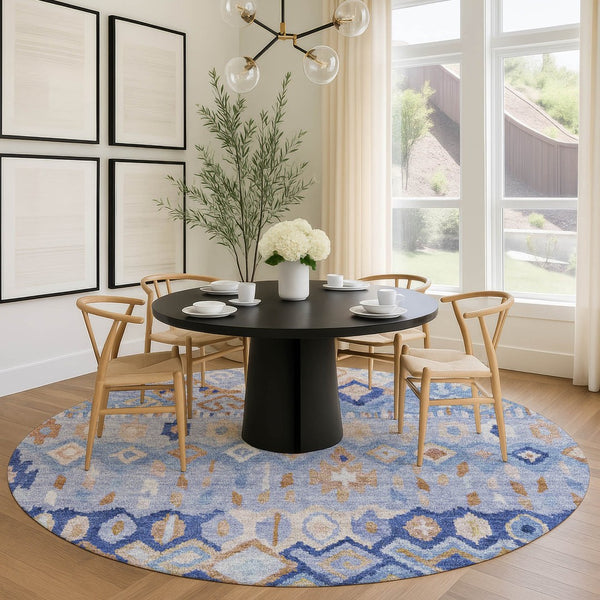 HomeRoots 8' Blue and Taupe Round Geometric Washable Rug - Stylish, Durable & Perfect for Indoor/Outdoor Spaces! 658443