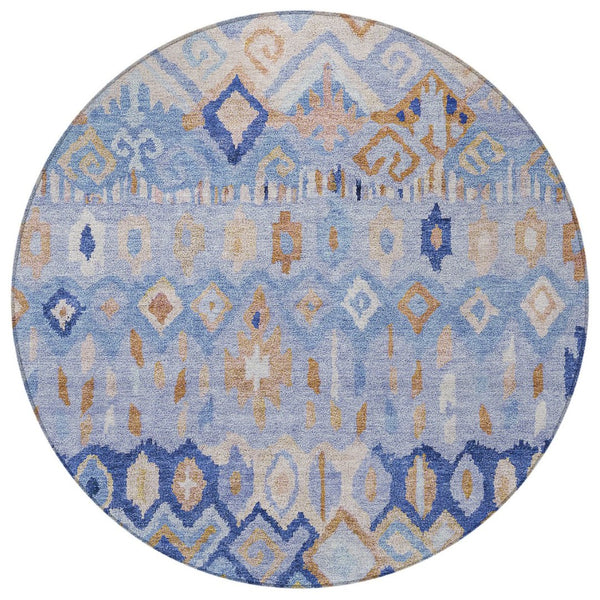 HomeRoots 8' Blue and Taupe Round Geometric Washable Rug - Stylish, Durable & Perfect for Indoor/Outdoor Spaces! 658443