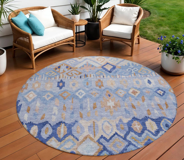 HomeRoots 8' Blue and Taupe Round Geometric Washable Rug - Stylish, Durable & Perfect for Indoor/Outdoor Spaces! 658443
