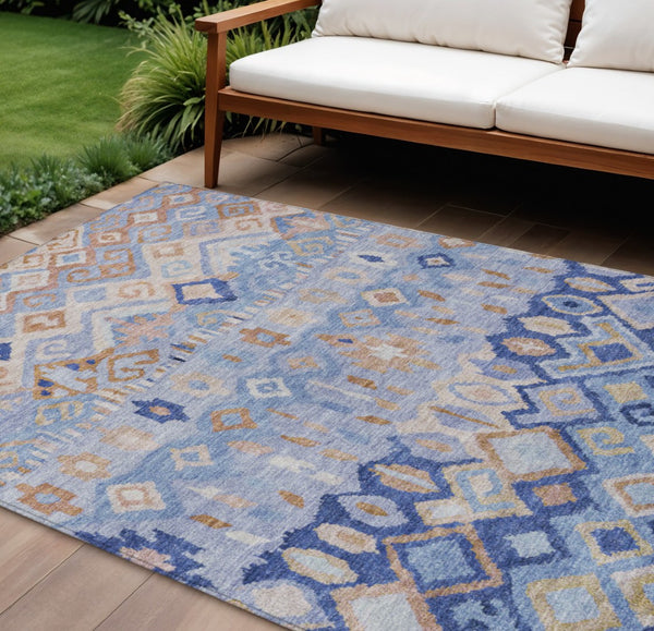 HomeRoots 8' X 10' Stylish Blue & Taupe Geometric Washable Area Rug for Indoor/Outdoor High-Traffic Use 658444