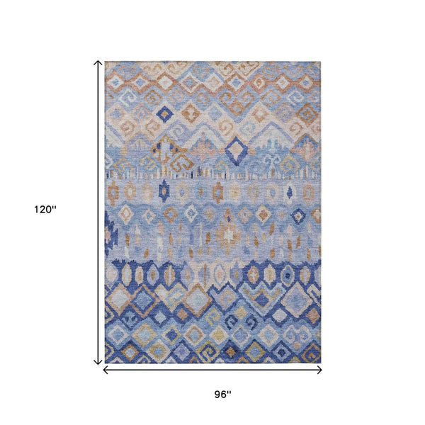 HomeRoots 8' X 10' Stylish Blue & Taupe Geometric Washable Area Rug for Indoor/Outdoor High-Traffic Use 658444