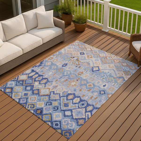 HomeRoots 9' Blue and Taupe Geometric Area Rug - Stylish, Washable, and Durable for Indoor & Outdoor Spaces 658445