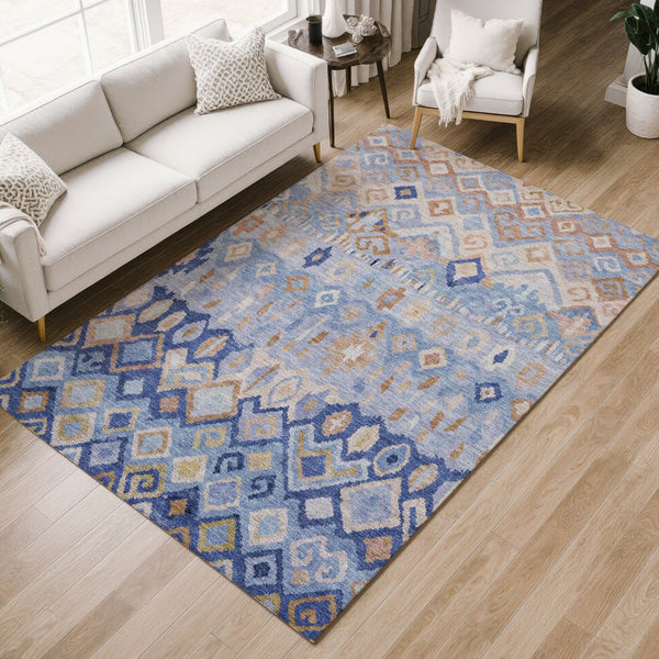HomeRoots 9' Blue and Taupe Geometric Area Rug - Stylish, Washable, and Durable for Indoor & Outdoor Spaces 658445