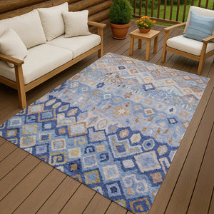HomeRoots 9' Blue and Taupe Geometric Area Rug - Stylish, Washable, and Durable for Indoor & Outdoor Spaces 658445