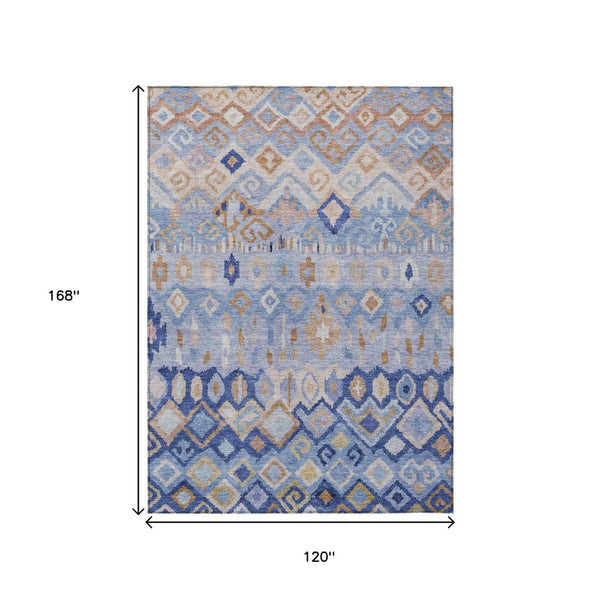 HomeRoots 10' X 14' Geometric Blue and Taupe Washable Area Rug for Indoor/Outdoor Use - Stylish & Durable! 658446