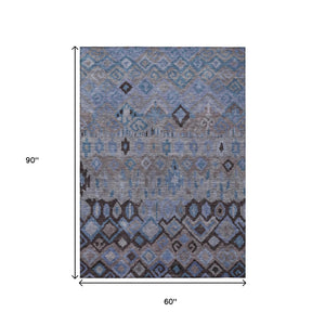 HomeRoots 5' Durable Geometric Area Rug in Brown, Blue, and Charcoal – Washable for Indoor & Outdoor Use! 658448