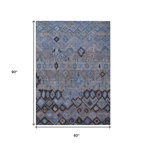 HomeRoots 5' Durable Geometric Area Rug in Brown, Blue, and Charcoal – Washable for Indoor & Outdoor Use! 658448