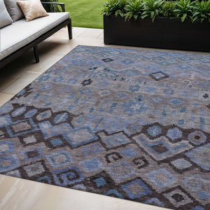 HomeRoots 5' Durable Geometric Area Rug in Brown, Blue, and Charcoal – Washable for Indoor & Outdoor Use! 658448