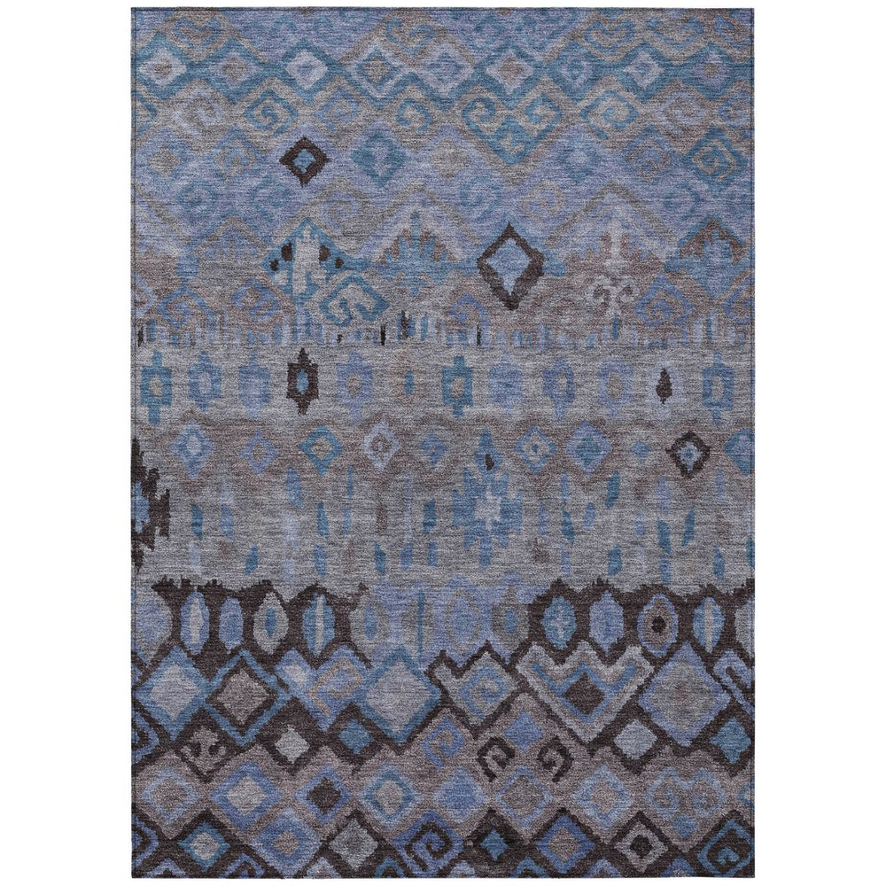 HomeRoots 5' Durable Geometric Area Rug in Brown, Blue, and Charcoal – Washable for Indoor & Outdoor Use! 658448