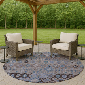 HomeRoots 8' Modern Brown, Blue & Charcoal Geometric Round Washable Rug for Indoor & Outdoor Spaces 658449