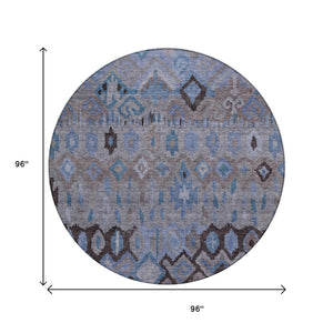 HomeRoots 8' Modern Brown, Blue & Charcoal Geometric Round Washable Rug for Indoor & Outdoor Spaces 658449