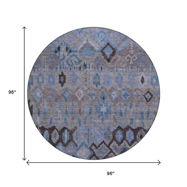 HomeRoots 8' Modern Brown, Blue & Charcoal Geometric Round Washable Rug for Indoor & Outdoor Spaces 658449