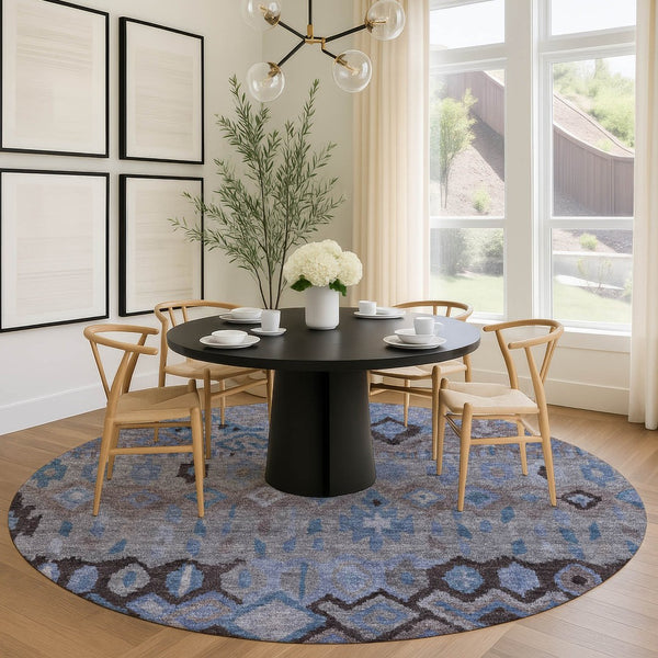 HomeRoots 8' Modern Brown, Blue & Charcoal Geometric Round Washable Rug for Indoor & Outdoor Spaces 658449