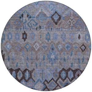 HomeRoots 8' Modern Brown, Blue & Charcoal Geometric Round Washable Rug for Indoor & Outdoor Spaces 658449