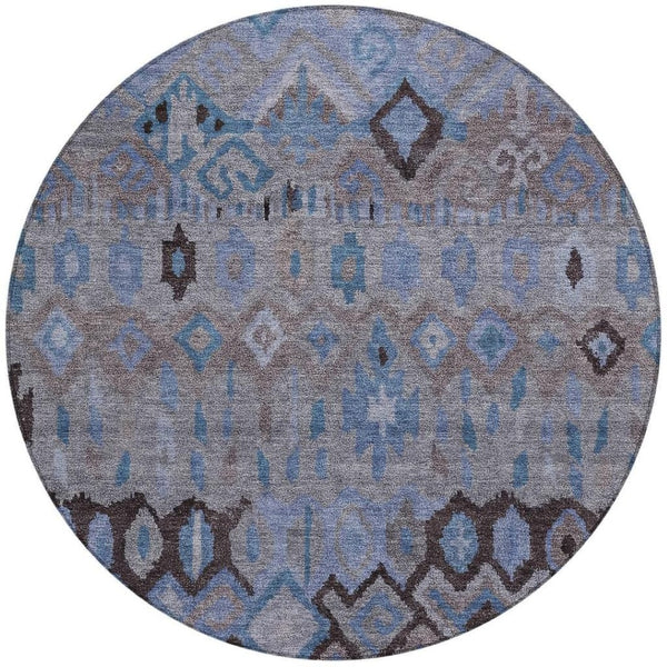 HomeRoots 8' Modern Brown, Blue & Charcoal Geometric Round Washable Rug for Indoor & Outdoor Spaces 658449