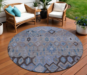 HomeRoots 8' Modern Brown, Blue & Charcoal Geometric Round Washable Rug for Indoor & Outdoor Spaces 658449