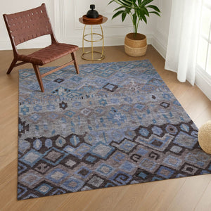 HomeRoots 8' X 10' Geometric Area Rug - Stylish Brown, Blue & Charcoal Washable Design for Indoor/Outdoor Use 658450