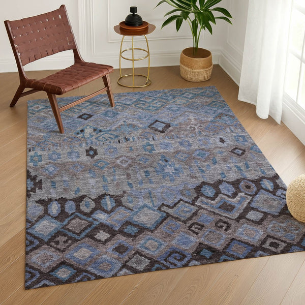 HomeRoots 8' X 10' Geometric Area Rug - Stylish Brown, Blue & Charcoal Washable Design for Indoor/Outdoor Use 658450