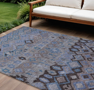 HomeRoots 10' Geometric Washable Indoor Outdoor Area Rug - Durable Brown, Blue & Charcoal Pattern for High Traffic Spaces 658452