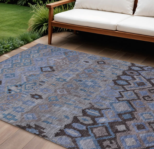 HomeRoots 10' Geometric Washable Indoor Outdoor Area Rug - Durable Brown, Blue & Charcoal Pattern for High Traffic Spaces 658452