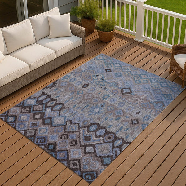 HomeRoots 10' Geometric Washable Indoor Outdoor Area Rug - Durable Brown, Blue & Charcoal Pattern for High Traffic Spaces 658452