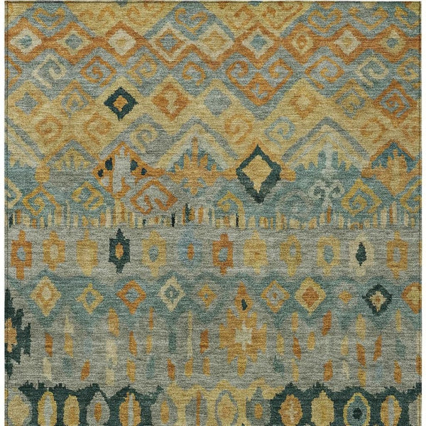 HomeRoots 5' Geometric Indoor Outdoor Area Rug in Green, Gold & Copper - Washable, Durable for High-Traffic Areas 658460