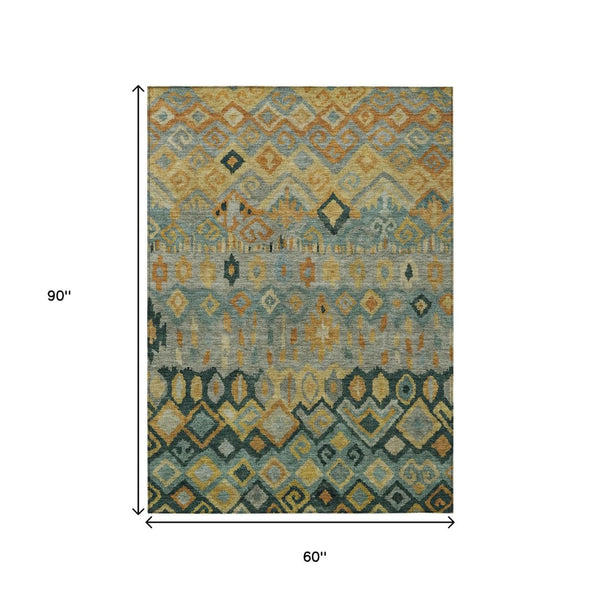 HomeRoots 5' Geometric Indoor Outdoor Area Rug in Green, Gold & Copper - Washable, Durable for High-Traffic Areas 658460