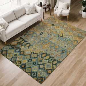 HomeRoots 5' Geometric Indoor Outdoor Area Rug in Green, Gold & Copper - Washable, Durable for High-Traffic Areas 658460