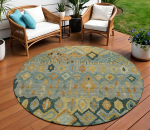 HomeRoots 8' Vibrant Green, Gold & Copper Round Geometric Rug – Stylish, Washable for Indoor/Outdoor Use! 658461