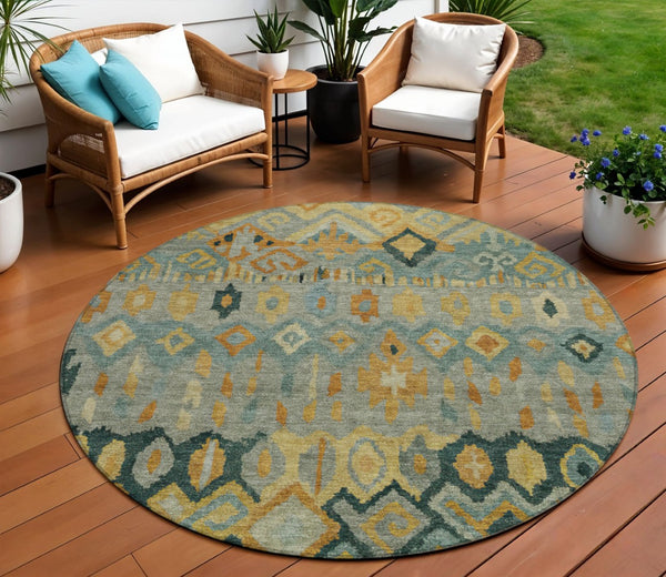 HomeRoots 8' Vibrant Green, Gold & Copper Round Geometric Rug – Stylish, Washable for Indoor/Outdoor Use! 658461
