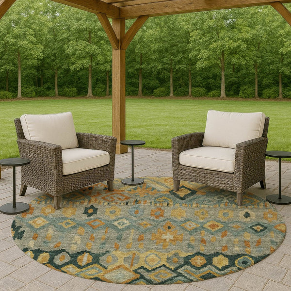 HomeRoots 8' Vibrant Green, Gold & Copper Round Geometric Rug – Stylish, Washable for Indoor/Outdoor Use! 658461