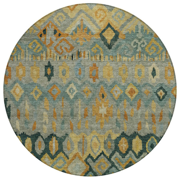 HomeRoots 8' Vibrant Green, Gold & Copper Round Geometric Rug – Stylish, Washable for Indoor/Outdoor Use! 658461