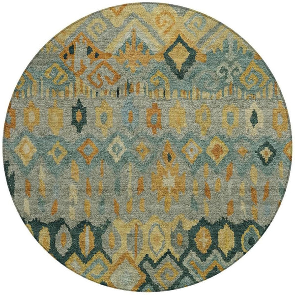 HomeRoots 8' Vibrant Green, Gold & Copper Round Geometric Rug – Stylish, Washable for Indoor/Outdoor Use! 658461
