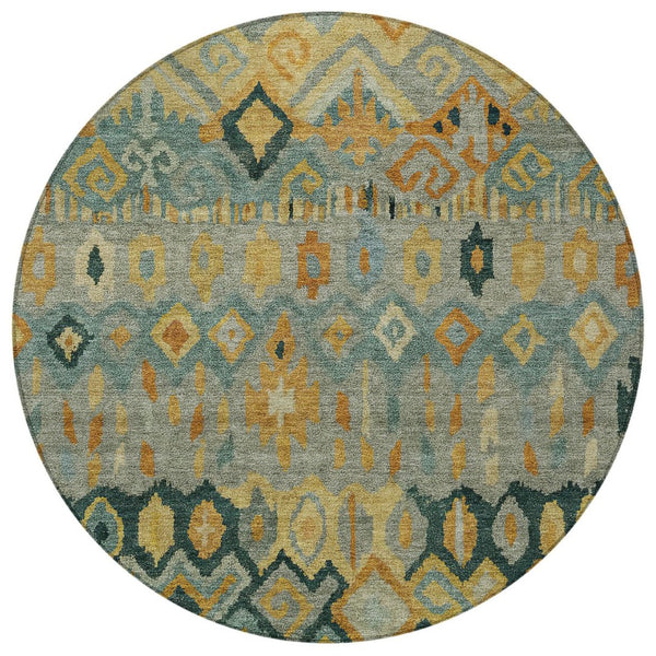 HomeRoots 8' Vibrant Green, Gold & Copper Round Geometric Rug – Stylish, Washable for Indoor/Outdoor Use! 658461