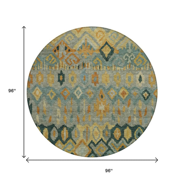 HomeRoots 8' Vibrant Green, Gold & Copper Round Geometric Rug – Stylish, Washable for Indoor/Outdoor Use! 658461