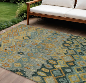 HomeRoots 10' Indoor Outdoor Geometric Area Rug in Green, Gold & Copper - Washable, Durable & Stylish! 658464