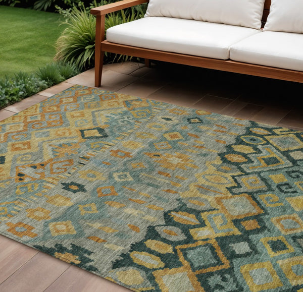 HomeRoots 10' Indoor Outdoor Geometric Area Rug in Green, Gold & Copper - Washable, Durable & Stylish! 658464