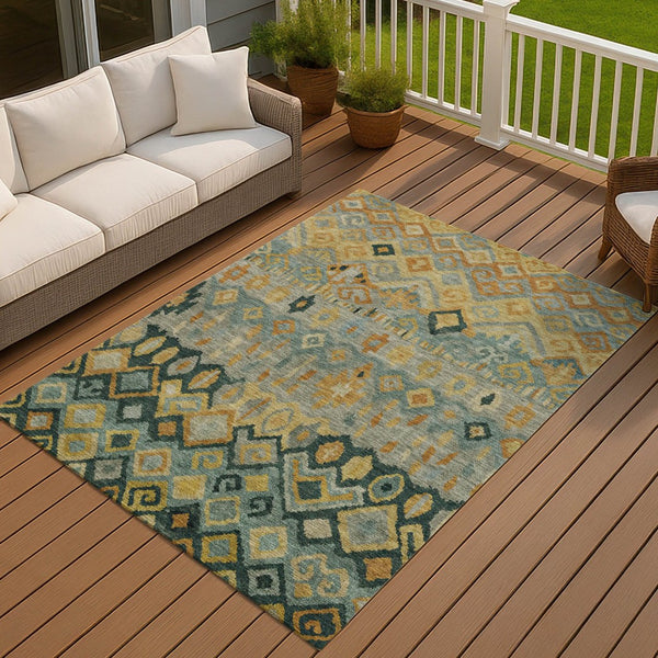HomeRoots 10' Indoor Outdoor Geometric Area Rug in Green, Gold & Copper - Washable, Durable & Stylish! 658464