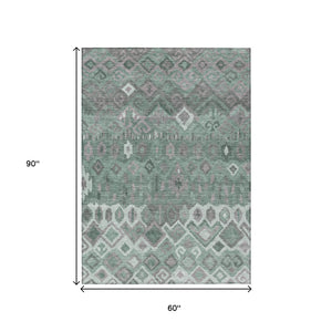 HomeRoots 5' Modern Artichoke Green Gray Ivory Geometric Washable Rug - Durable Indoor/Outdoor Comfort! 658472