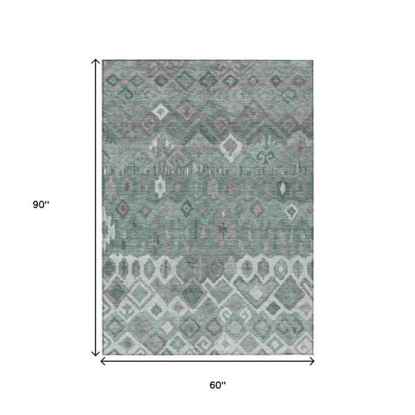 HomeRoots 5' Modern Artichoke Green Gray Ivory Geometric Washable Rug - Durable Indoor/Outdoor Comfort! 658472