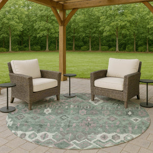 HomeRoots 8' Artichoke Green Gray Ivory Round Geometric Rug - Washable, Stain-Resistant for Indoor & Outdoor Use 658473