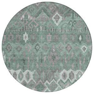 HomeRoots 8' Artichoke Green Gray Ivory Round Geometric Rug - Washable, Stain-Resistant for Indoor & Outdoor Use 658473