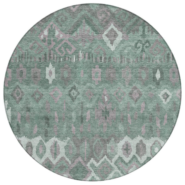 HomeRoots 8' Artichoke Green Gray Ivory Round Geometric Rug - Washable, Stain-Resistant for Indoor & Outdoor Use 658473