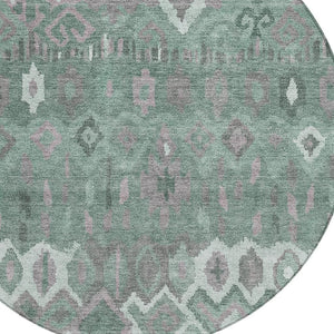 HomeRoots 8' Artichoke Green Gray Ivory Round Geometric Rug - Washable, Stain-Resistant for Indoor & Outdoor Use 658473