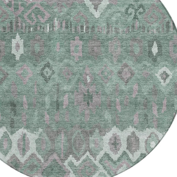HomeRoots 8' Artichoke Green Gray Ivory Round Geometric Rug - Washable, Stain-Resistant for Indoor & Outdoor Use 658473