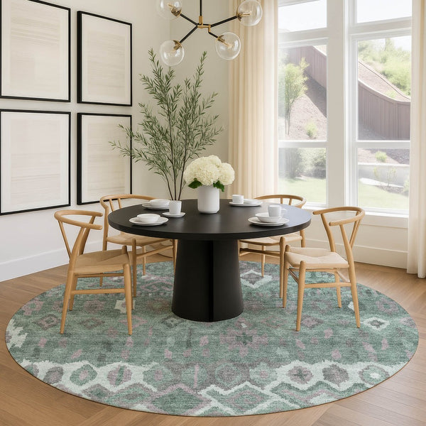 HomeRoots 8' Artichoke Green Gray Ivory Round Geometric Rug - Washable, Stain-Resistant for Indoor & Outdoor Use 658473